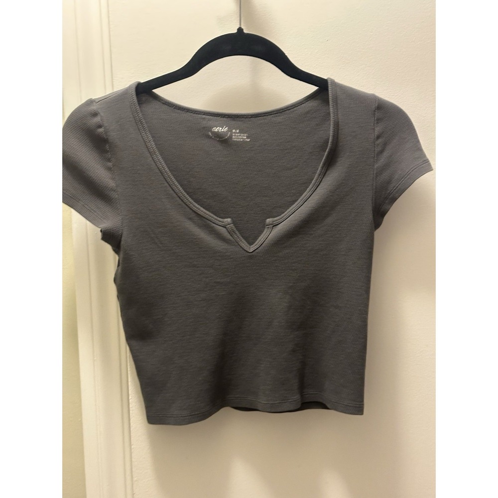Y2K Style Baby Tee With Cropped Fit Waffle Texture Aerie SzM Camo Green